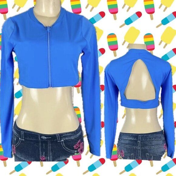 Swimsuit For All XL Blue Zip Front Open Back Lined Long Sleeve Crop Rash Guard - Picture 1 of 6